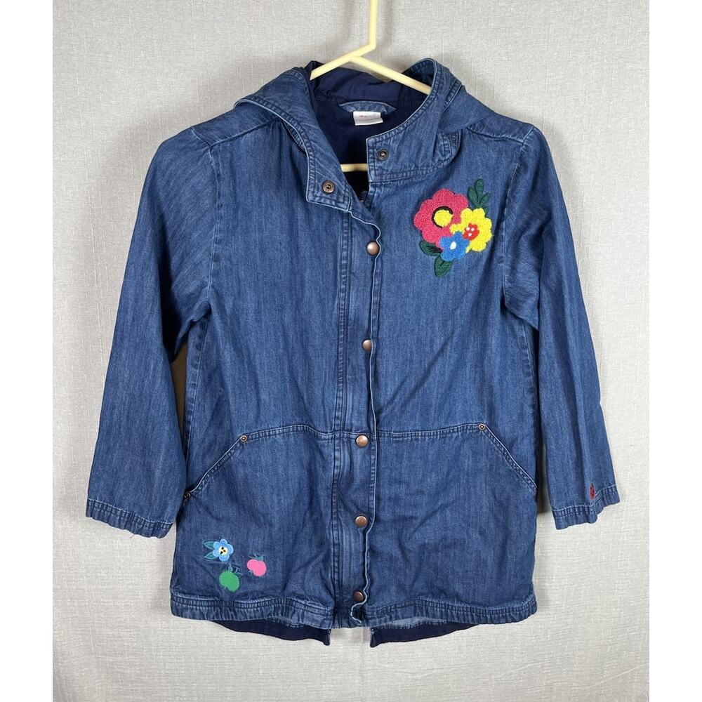 Hanna Andersson Girls Size 140 US 10 Denim Hooded Jacket appliqués Floral Cute